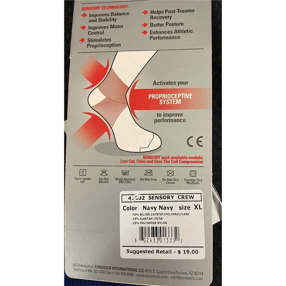 Eurosock Sensory Crew Ankle Support Socks Navy Blue XL Proprioceptive Control
